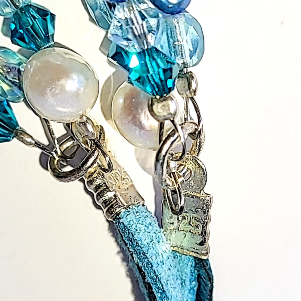 BLUE & WHITE PEARL & AQUA CRYSTAL NECKLACE - TRIPLE STRAND, STERLING CLASP - Picture 7 of 10